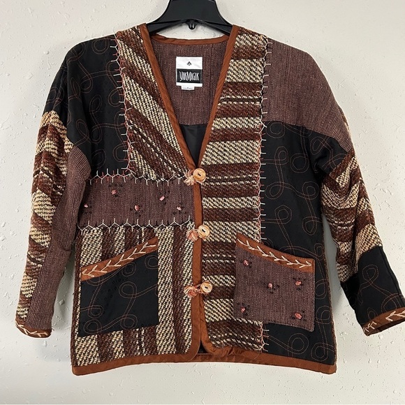 Vintage Yak Magik L Jacket Silk Art to Wear VTG Patchwork Beaded Brown Small - Picture 1 of 9